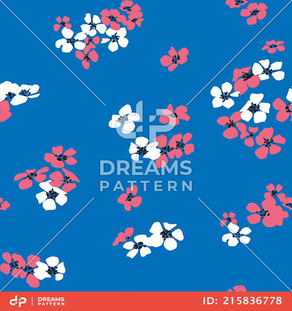 Seamless Hand Drawn Mini Flowers. Repeating Pattern on Blue Background.