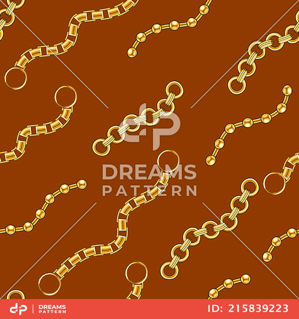 Seamless Golden Chains, Luxury Pattern on Brown Background.