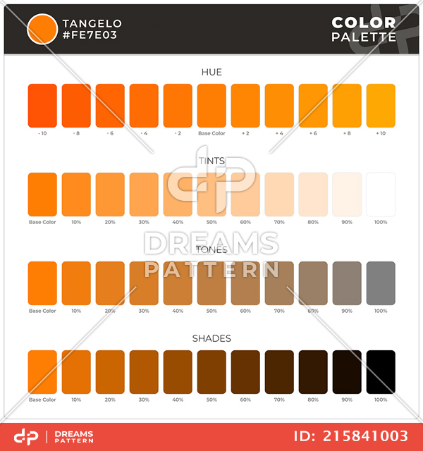 Tangelo / Color Palette Ready for Textile. Hue, Tints, Tones and Shades Guide.
