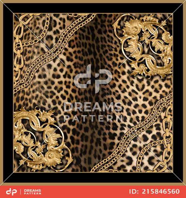 Modern Art for Silk Scarf Shawl, Golden Chains on Leopard Skin Background.