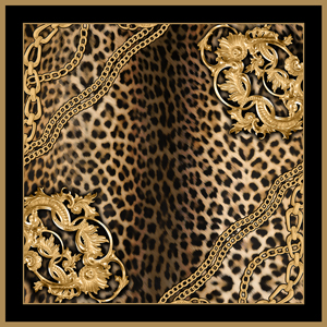 Modern Art for Silk Scarf Shawl, Golden Chains on Leopard Skin Background.