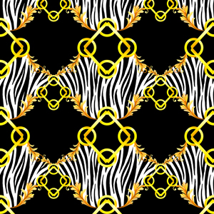 Seamless Golden Baroque with Zebra Pattern on Black Background. Ready for Textile Prints.