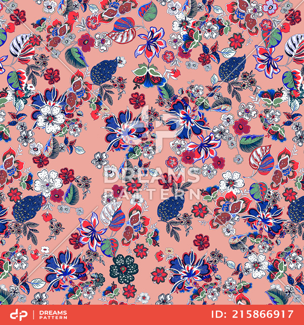 Seamless Colored Floral Pattern with Leaves. Small Flowers Design Ready for Textile Prints.