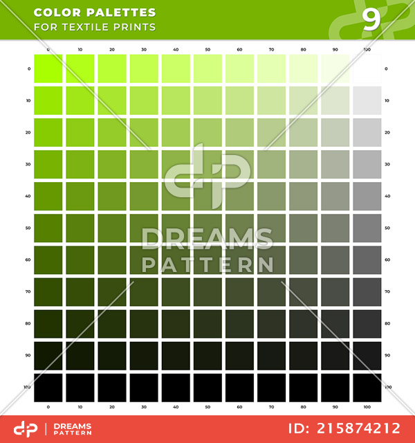 Set 09 Color Palettes for Textile Prints. Tints and Shades Chart, Colors Guide Swatches.