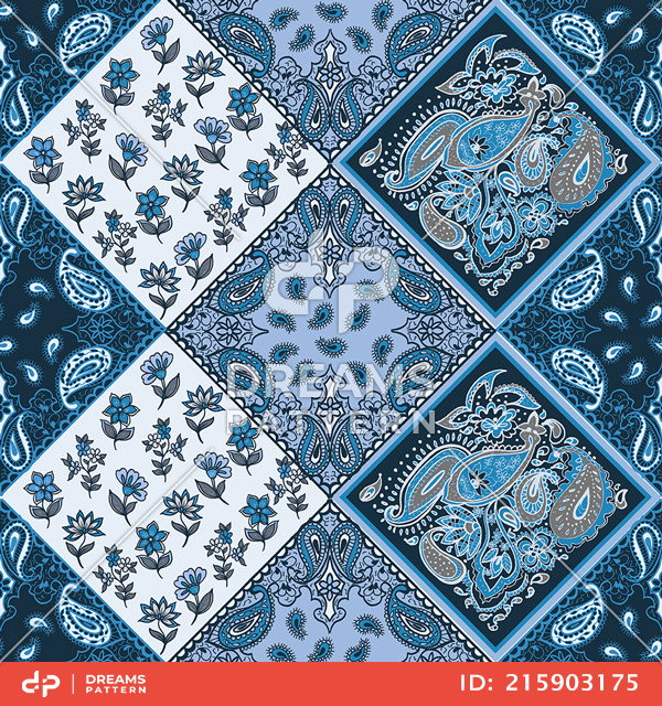 Seamless Geometric Pattern of Small Flowers with Paisley, Diamond Shapes Ready for Textile.