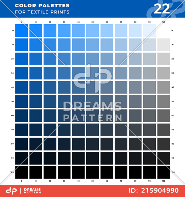 Set 22 Color Palettes for Textile Prints. Tints and Shades Chart, Colors Guide Swatches.
