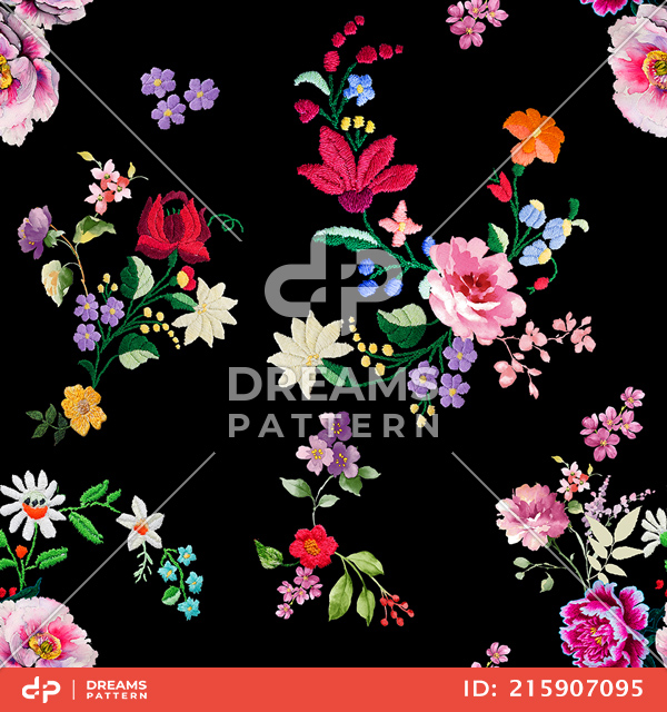 Seamless Embroidery Floral Design on Colored Background, Flowers Pattern Ready for Textile Prints.