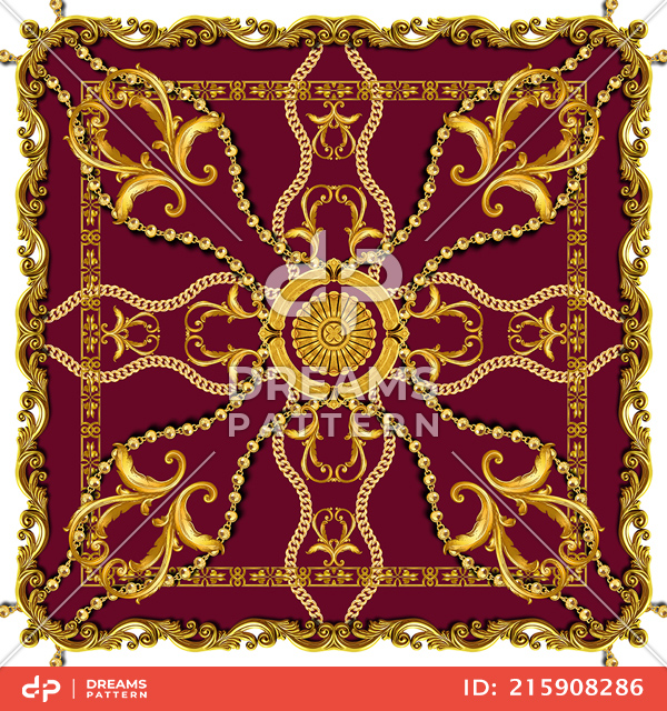 Luxury Scarf Design with Golden Chains and Baroque, Jewelry Shawl Pattern.