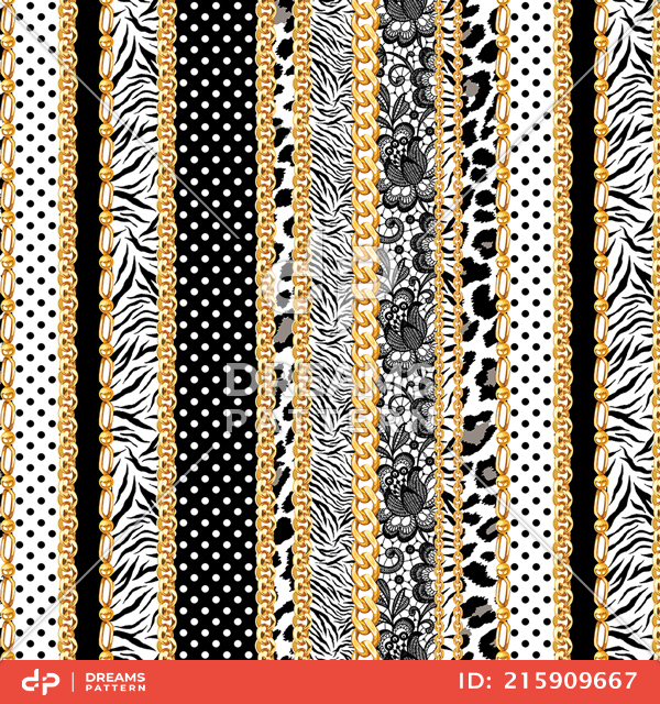 Seamless Mix Pattern of Vertical Golden Chains, Leopard, Zebra, Lace and Dots.