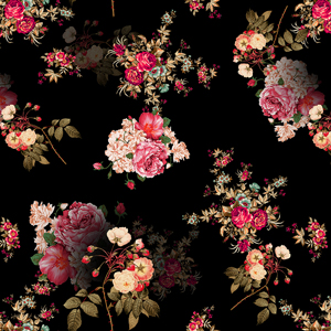 Seamless Spring Flowers and Leaves. Botanical Pattern, on Black Background.