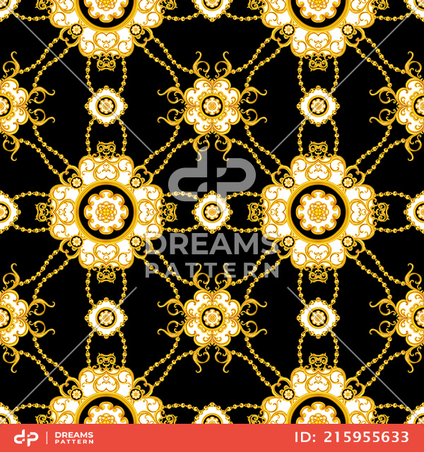 Seamless Luxury Fashional Pattern of Golden Chains and Baroque on Black Background.