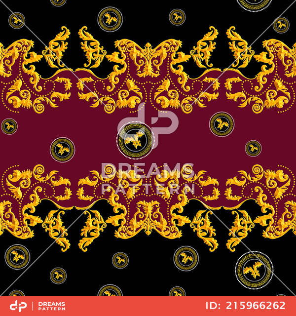 Seamless Golden Baroque Luxury Design on Black and Red Background.