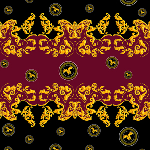Seamless Golden Baroque Luxury Design on Black and Red Background.