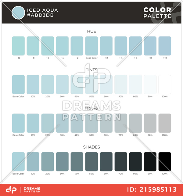 Iced Aqua / Color Palette Ready for Textile. Hue, Tints, Tones and Shades Guide.