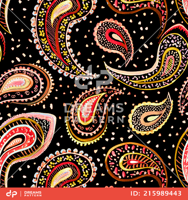 Seamless Hand Drawn Paisley Pattern on Black Background Ready for Textile Prints.