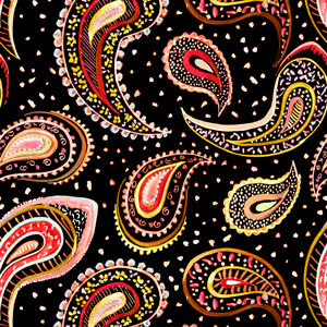 Seamless Hand Drawn Paisley Pattern on Black Background Ready for Textile Prints.