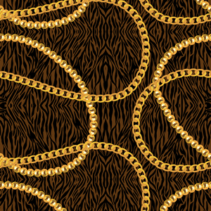 Seamless Pattern of Golden Chains and Zebra Skin on Dark Brown Background.