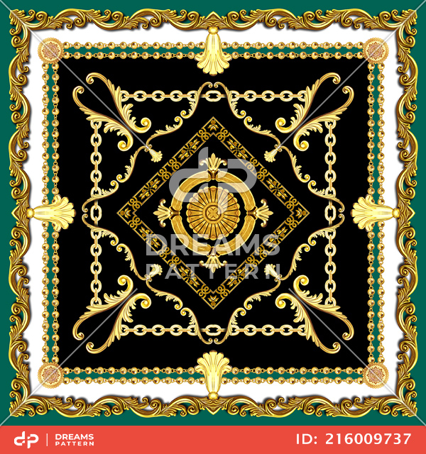 Luxury Scarf Design with Golden Chains and Baroque, Jewelry Shawl Pattern.