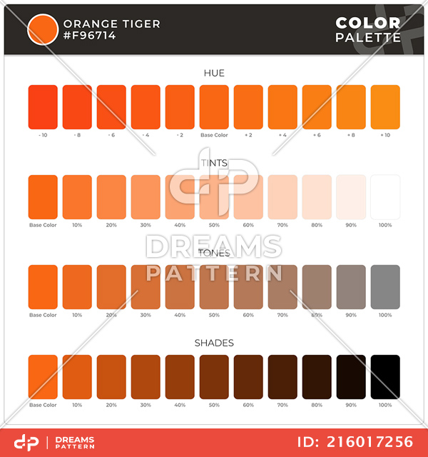 Orange Tiger / Color Palette Ready for Textile. Hue, Tints, Tones and Shades Guide.