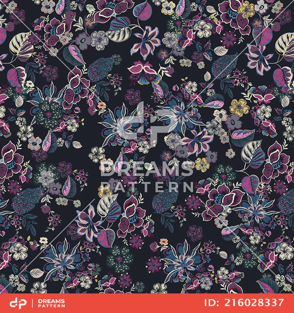 Seamless Colored Floral Pattern with Leaves. Small Flowers Design Ready for Textile Prints.