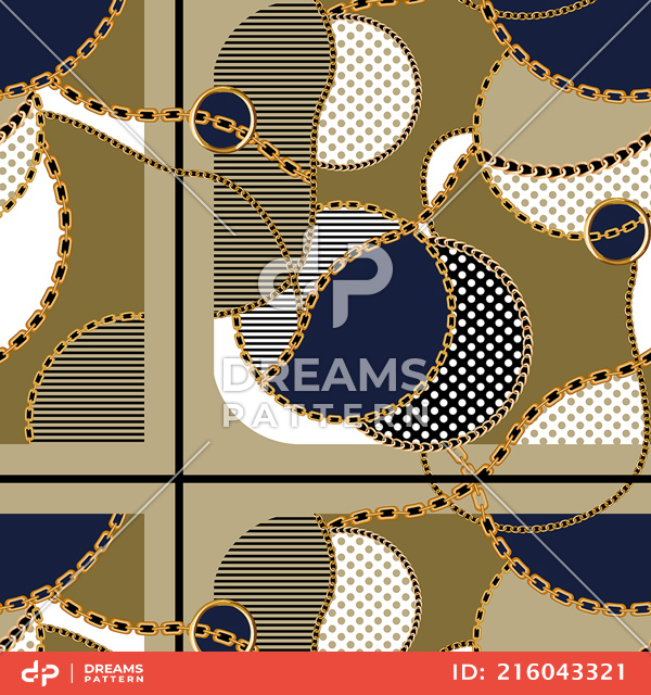 Seamless Colored Pattern with Golden Chains, Dots and Lines Patch for Textile Prints.