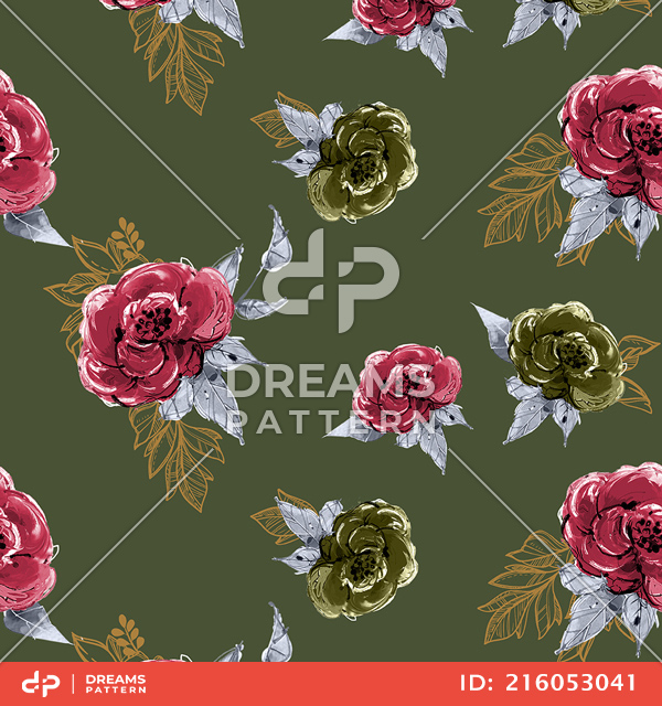 Seamless Watercolor Flowers with Leaves, Repeat Design Ready for Textile Prints.