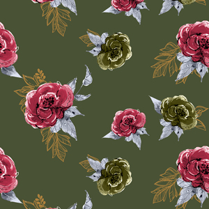 Seamless Watercolor Flowers with Leaves, Repeat Design Ready for Textile Prints.