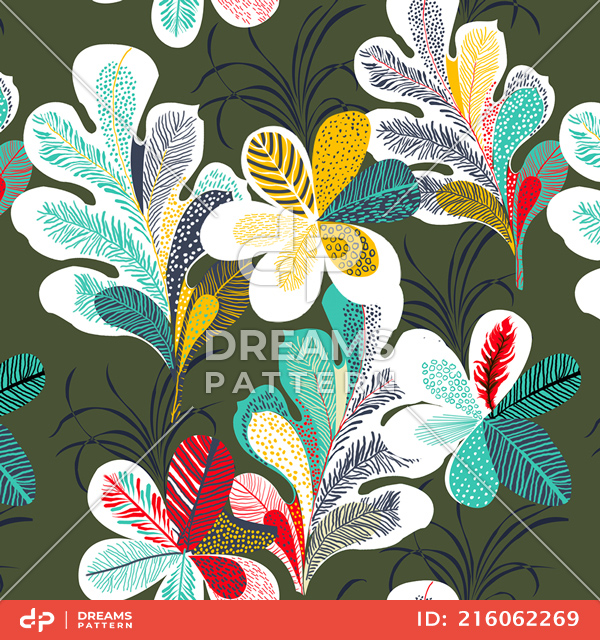 Seamless Colored Flowers with Leaves in Retro Style, Lined Art Pattern Ready for Textile.