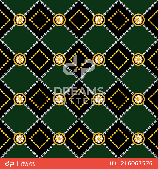 Seamless Luxury Diagonal Pattern with Golden Antique Decorative Motifs and Silver Chains.