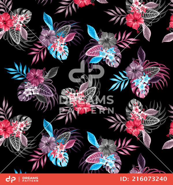Seamless Exotic Tropical Flowers with Palm Leaves, Designed for Fabric Textile.