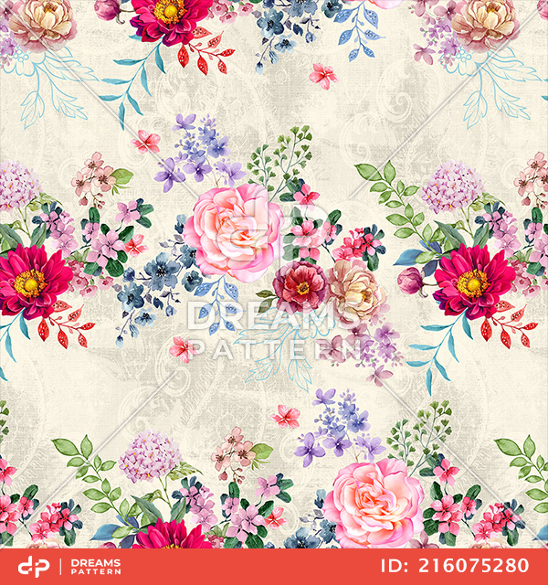 Beautiful Watercolor Floral Design on Light Background Ready for Textile Prints.