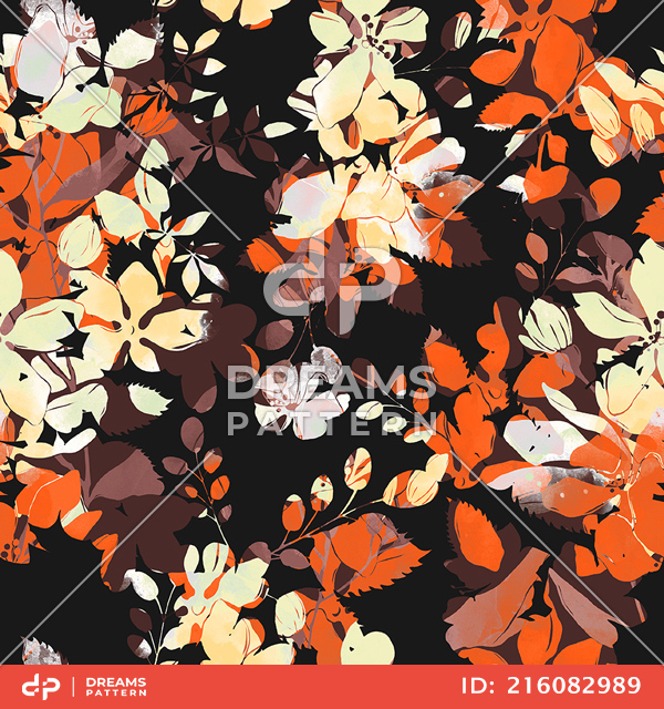 Seamless Abstract Floral Pattern, Beautiful Hand Drawn Leaves on Black.
