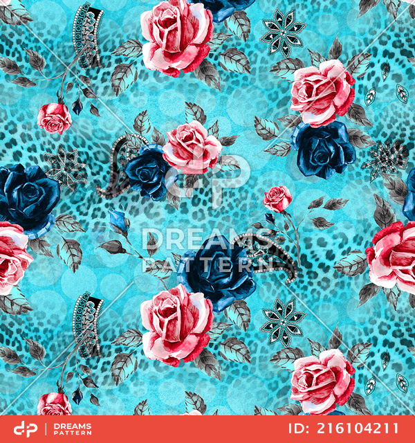 Fashion Seamless Leopard Print with Watercolor Roses on Cyan Background.