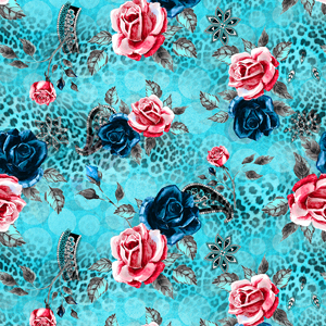 Fashion Seamless Leopard Print with Watercolor Roses on Cyan Background.