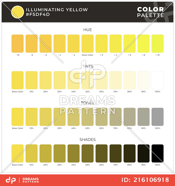 Illuminating Yellow / Color Palette Ready for Textile. Hue, Tints, Tones and Shades Guide.