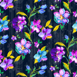 Seamless Watercolor Floral Design on Dark Blue Background Ready for Textile Prints.