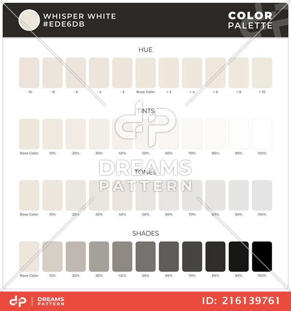 Whisper White / Color Palette Ready for Textile. Hue, Tints, Tones and Shades Guide.