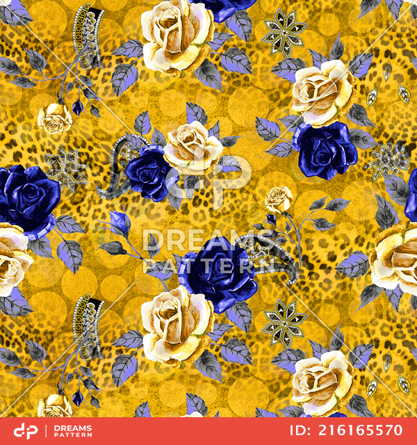 Fashion Seamless Leopard Print with Watercolor Roses on Yellow Background.