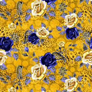 Fashion Seamless Leopard Print with Watercolor Roses on Yellow Background.