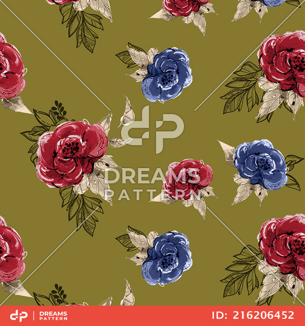 Seamless Watercolor Flowers with Leaves, Repeat Design Ready for Textile Prints.