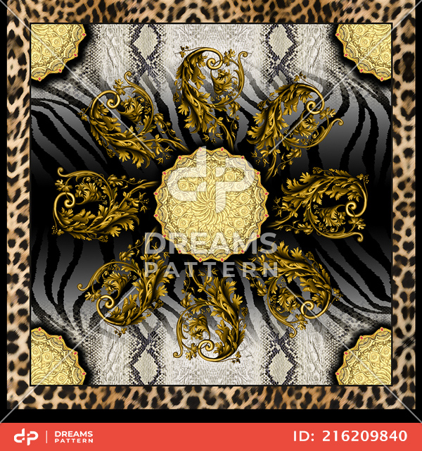 Modern Art for Silk Scarf Shawl, Golden Baroque on Zebra Skin Background.