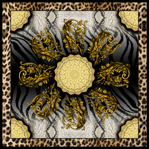 Modern Art for Silk Scarf Shawl, Golden Baroque on Zebra Skin Background.