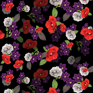 Colored Flowers with Leaves Ready for Fabric Print on Black background.