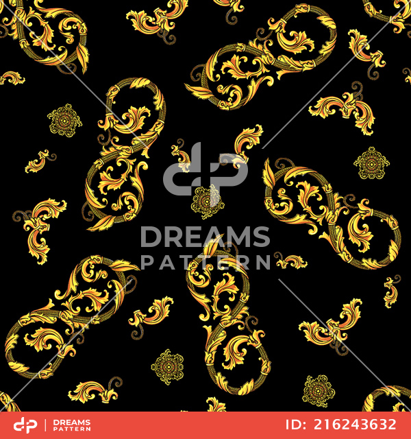 Decorative Gold Baroque Ornament Seamless Pattern on Black Background.