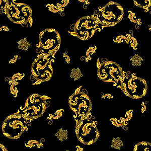 Decorative Gold Baroque Ornament Seamless Pattern on Black Background.