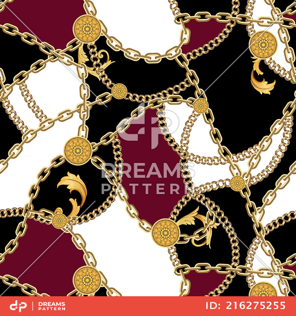 Seamless Pattern with Golden Chains on Black, Red and White Background.