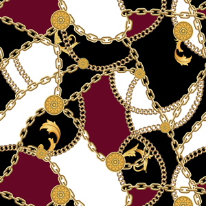 Seamless Pattern with Golden Chains on Black, Red and White Background.