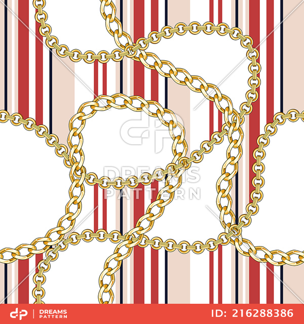 Seamless Pattern with Golden Chains and Red Lines on Black Background.