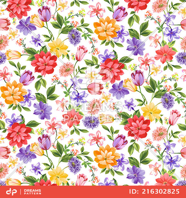 Seamless Colorful Watercolor Floral Design on White Background for Textile Prints.