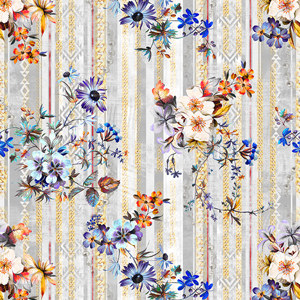 Seamless Colorful Floral Pattern with Chains and Lines, Ready for Fabric Textile Prints.